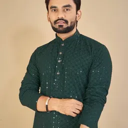 Men Chikan Embroidery Cotton Rayon Straight Kurta-image-3