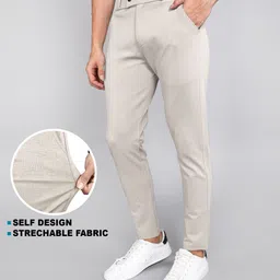 indiclub Men Relaxed Cream Lycra Blend Trousers image 4