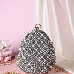 Swisni Grey & White Embellished Almond Shape Clutch-picture-36