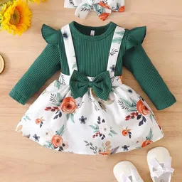 niren enterprise Baby Girls Modal Fabric Digital Printed Floral Stretchable Green 2pc Dungaree Dress image 2