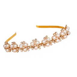 jewilley Designer Sparkling Pearl Gold-Plated Celebrity Wedding Party Headband Hair Accessories Hairband Mathapatti Jewellery for Women and Girls image 1