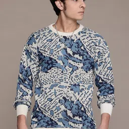 roadster Men Printed Round Neck Blue, White Sweater-picture-14