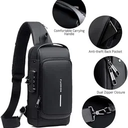 KMI Sling Bag for unisex with lock and USB charging facility anti theft Chest Bag image 5