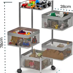 heart home 4-Tier Revolving Multipurpose Storage Rack with Wheels | Silver Iron Fruit & Vegetable Basket image 4