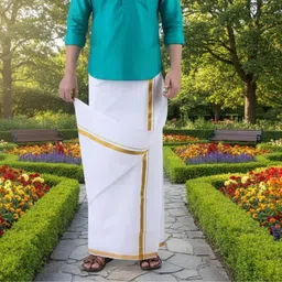Gugaliya Premium quality Men's White Golden Jari cotton dhoti Solid Men Dhoti image 1