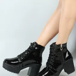 sleek step Women's Casual Patent Leather Partywear Ankle Derby Black Lece up Side Zip Boots Boots For Women-picture-23