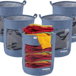 heart home Cotton, Polyester Pack of 5 Versatile 43L Clothes Basket with Handles | GM-27-LDENI | Light Denim Storage Basket image 1