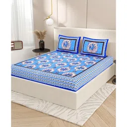 patricko Blue Floral 200 TC Cotton Double Queen Sized Bedsheet With 2 Pillow Covers image 3