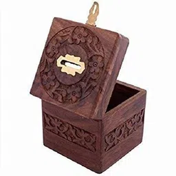 doon furniture house Handmade Wooden Square Money /Piggy Bank /Coin Box with Beautiful Carving Design Coin Bank image 4