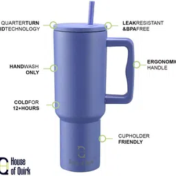 house of quirk 1200ML Tumbler with Handle and Straw Lid Double Insulated Cup Reusable 1200 ml Bottle image 2
