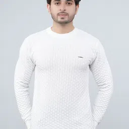 houseofcommon Men Self Design Round Neck White Sweater-picture-23