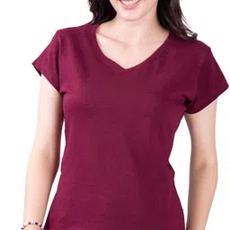 fashink Women Solid V Neck Cotton Blend Maroon T-Shirt-picture-26