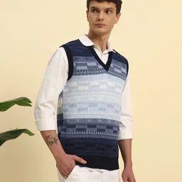 Men Colorblock V Neck Blue Sweater-image-2