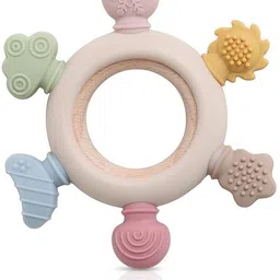 rasharsh Baby Teething Toys, Silicone Teethers with Wooden Ring 4+ Months (6 Directions) Teether image 3