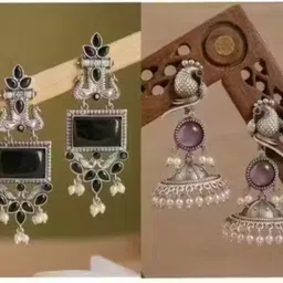 sangam enterprise Set Of 2 Silver-Plated Artificial Stones and Beads Square Oxidised Drop Earring Brass Hoop Earring-picture-48