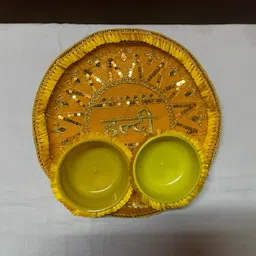 lakhdatar Traditional Yellow Haldi Ceremony Decorative Thali with Double Bowls Steel, Plastic Decorative Platter-picture-22