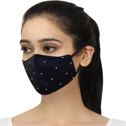 masq Anti-Pollution, Anti-Bacterial (BFE>99%) 4 Layer Embroidered, Designer, Fashionable & Protective Velvet Cloth Face Mask for Women, Girls with Detachable Chain, Size Adjustable Ear Loops & Mask Bag Velvet_Blue_Large_01 Reusable, Washable Cloth Mask image 2