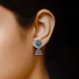 divastri silver earrings jhumki combo oxidised earrings jhumka south indian temple party Beads, Pearl, Cubic Zirconia, Diamond Brass, Enamel, Copper, Zinc, Stone, Silver Drops & Danglers, Chandbali Earring, Earring Set, Jhumki Earring image 4