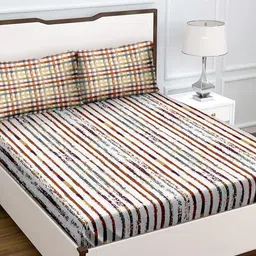 Brown Striped 180 TC Cotton Queen Sized Bed Sheets with 2 Pillow Covers by Bella Casa-picture-11