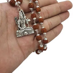 madhavi jewellery Lord Shiva Trishul Damru Locket with Rudraksha Mala for Men & Boys Beads Silver Plated Brass, Wood Chain-picture-12