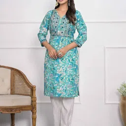 meena bazaar Women Printed Cotton Blend Straight Kurta image 1