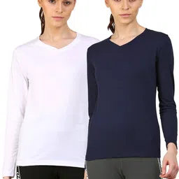 ap'pulse Pack of 2 Women Solid V Neck Cotton Blend Dark Blue, White T-Shirt-picture-19