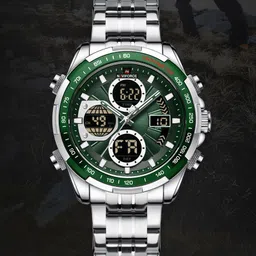 naviforce New sporty and professional digital and analog attractive green dial eye catch Analog-Digital Watch - For Men 9197S stainless steel strap with digital green dial waterproof watch image 1