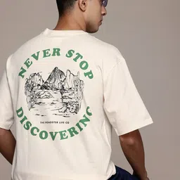roadster Men Printed Round Neck Pure Cotton White T-Shirt image 1
