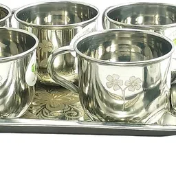 chef turtles Pack of 6 Stainless Steel Tea Cup Set with Tray 150ml each | Laser Design image 2