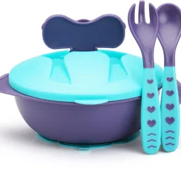 luvlap Baby Feeding Bowl with Lid, Suction Cup, Spoon & Fork Set,- Plastic + Silicone-picture-23
