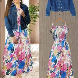 leetos Women A-line Dark Blue, Multicolor Ankle Length Dress-picture-22