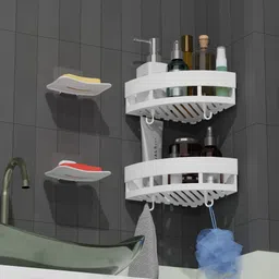 xbey Multipurpose Bathroom Corner Wall Holder Storage Rack and Soap Dish with Hook Plastic Wall Shelf-picture-10