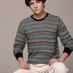 roadster Men Self Design Round Neck Grey Sweater-picture-34