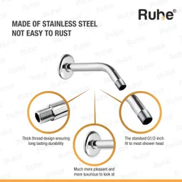 ruhe Premium Grade Stainless Steel 9 Inches Round Half Bend Shower Arm With Wall Flange Fixed Mount image 3