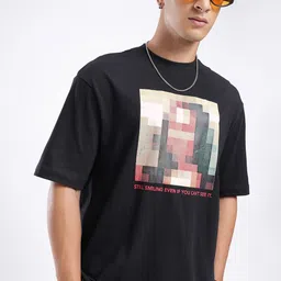 Men Printed Round Neck Cotton Blend Black T-Shirt-image-56