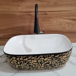 hisre Tabletop Ceramic Bathroom Kitchen Sink | Over Counter Top Wash Basin Bathroom Basin BLACK & GOLD colorful table top wash basin Table Top Basin image 4