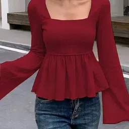 f core Casual Flared Sleeves Solid Women Dark Blue Top image 1