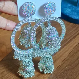 tiijori Silver Wedding Partywear Earrings Alloy, Silver, Stone Drops & Danglers, Jhumki Earring, Chandbali Earring-picture-25