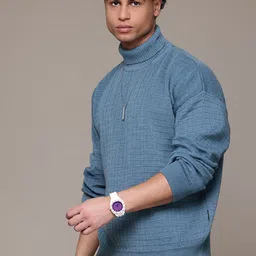 roadster Men Self Design Turtle Neck Blue Sweater image 2