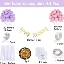 party midlinkerz Solid Birthday Decoration Combo Kit with Net Curtain, Light, For, Girl, Boys Balloon image 2