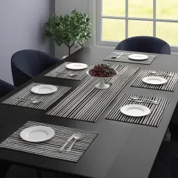 saral home Geometric Stripped (18x13) Black & White Polyester (Set of 7) Table Linen Set image 1