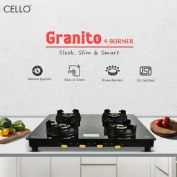 cello Granito 4 Burner Black Gas Cooktop, Dual Shade Toughened Glass, ISI Certified Glass Manual Gas Stove image 2