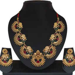 matushri art Alloy Gold-plated Gold, Red, Green Jewel Set image 1