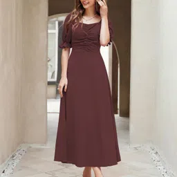 sugathari Women A-line Brown Midi/Calf Length Dress image 5
