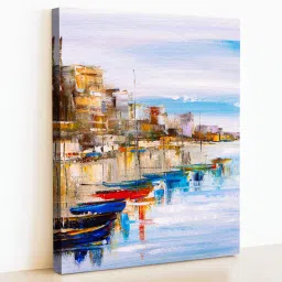 Art Street Stretched Canvas Painting City view with River Side Harbor Art For Home Decor image 4
