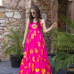 vimura fashion Printed Rayon Blend Stitched Flared/A-line Gown image 4