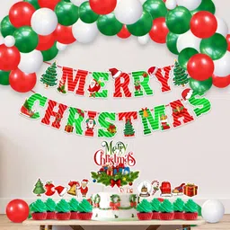 zyozique Red, Green Merry Christmas Decorations Banner, Balloons, Cake Topper (Pack of 37)-picture-13