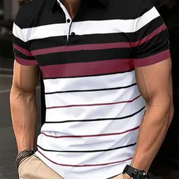 Men Striped Polo Neck Cotton Blend White, Black, Pink T-Shirt-image-47