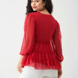 aask Casual Puff Sleeves Self Design Women Red Top image 3