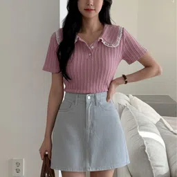 streetwardrobe Women Striped Peter Pan Collar Cotton Blend Pink, White T-Shirt-picture-29